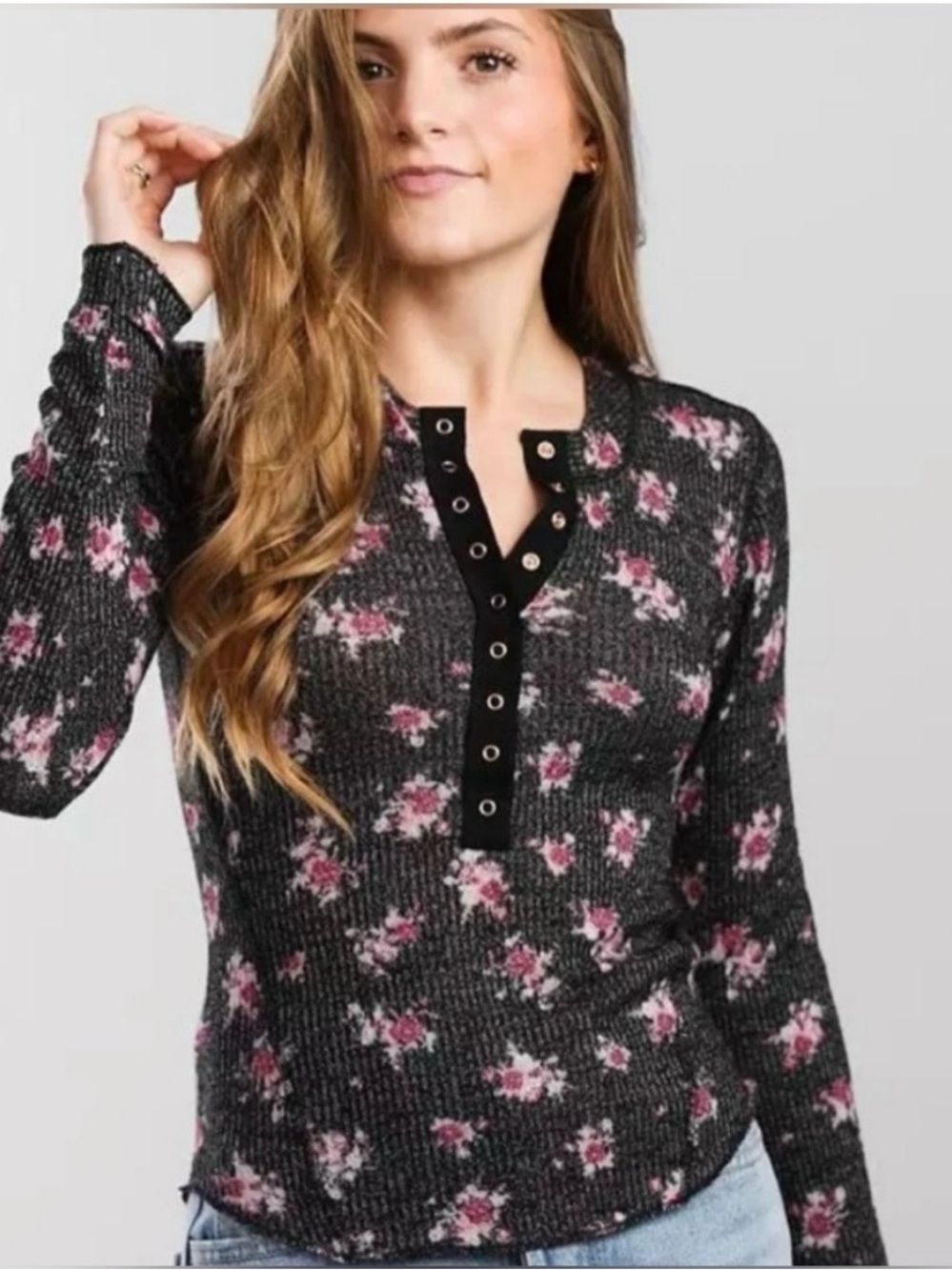 Free People One of The Girls Floral Waffle Thermal Henley Top